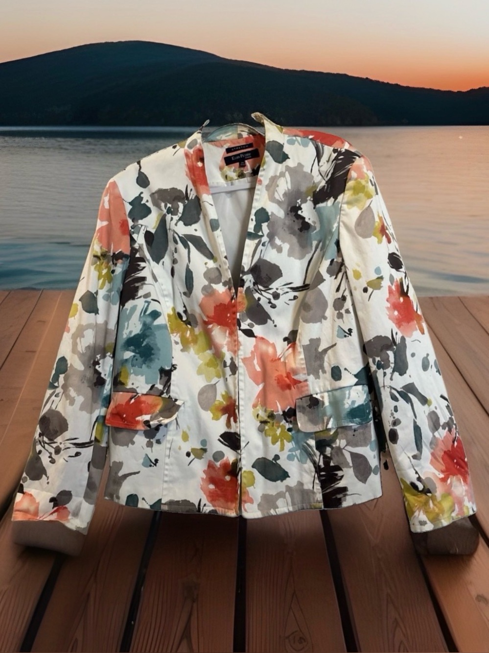 Evan Picone White Floral Watercolor Blazer
